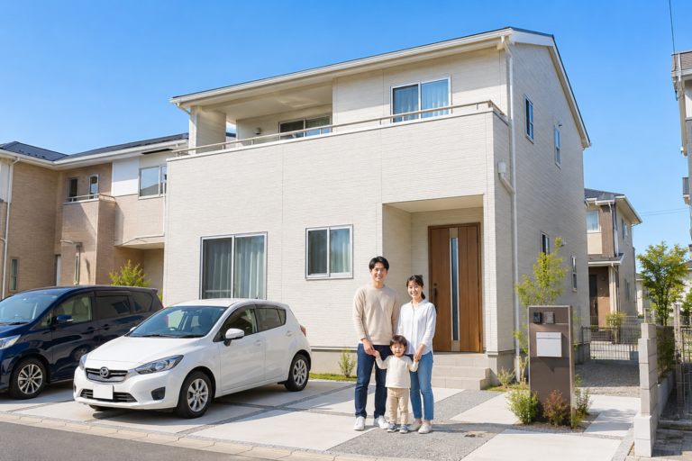 建売住宅の外観と家族